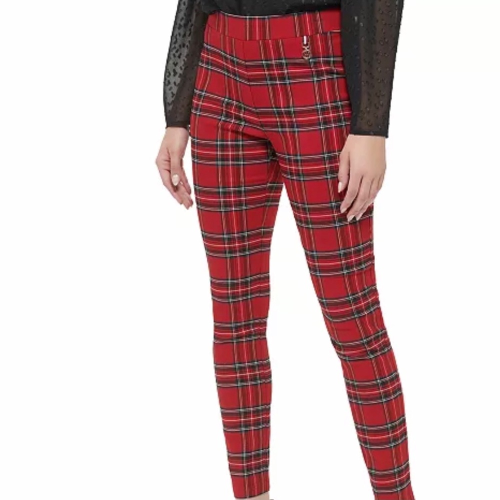 TOMMY HILFIGER Festive Preppy Tartan Plaid Print Straight Leg Pull On Pants